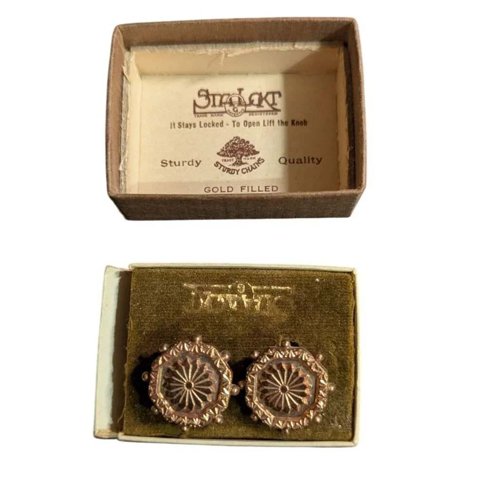 Cufflinks Gold-Filled In Box  Ornate Design Retro Bling‎